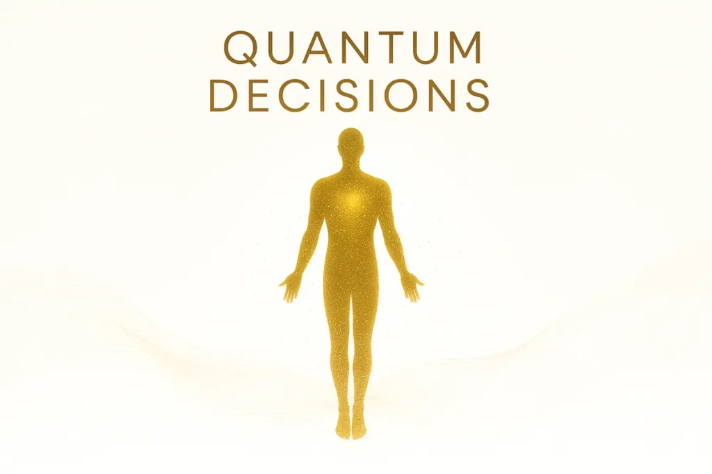 Quantum Decisions – human silhouette of golden particles floating in white void, symbolizing a conscious decision making app.