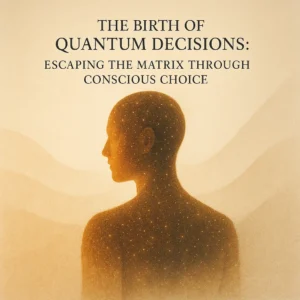 The Birth of Quantum Decisions: Escaping the Matrix Through Conscious Choice – human figure dissolving into golden quantum particles.