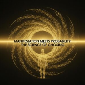 Hero banner with golden light beam and branching arcs around the title ‘Manifestation Meets Probability: The Science of Choosing