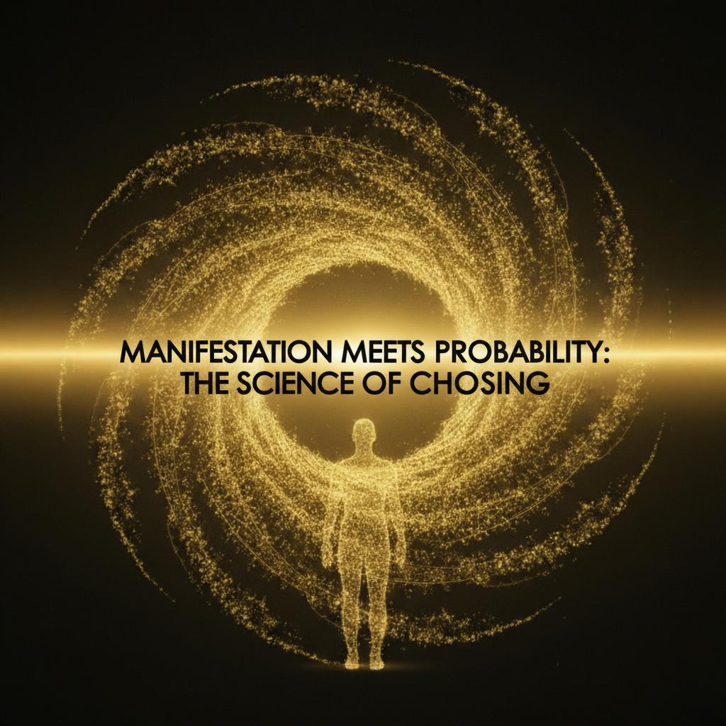 Hero banner with golden light beam and branching arcs around the title ‘Manifestation Meets Probability: The Science of Choosing
