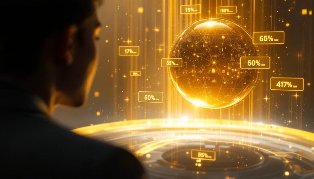 Human and quantum figure observing a luminous decision core with branching probability paths and holographic scenario cards