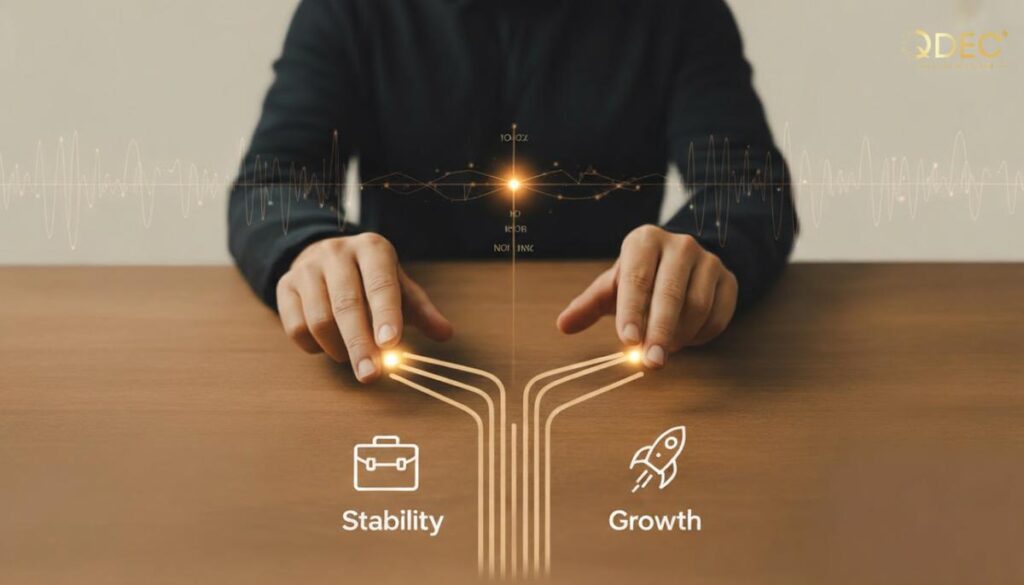 Decision desk with branching paths and probability bars (stability vs growth)