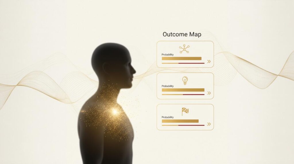 Outcome map showing scenario cards with golden probability bars and subtle quantum waves